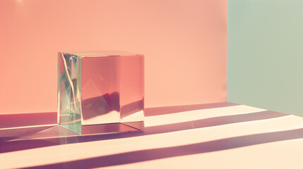 A minimalist composition featuring a transparent glass cube placed on a soft pastel background with sharp, defined shadows. This visual metaphor symbolizes mental clarity, focused thought, and clean i