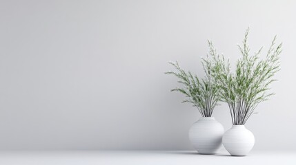 Two white vases hold sprigs of light green plants against a minimalist white background. The image is clean and simple, with soft lighting. A serene, calm mood is conveyed. Its high resolution and s