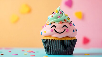 Cute cupcake with smiley face and sprinkles, party dessert, birthday treat, bakery item, sweet food art