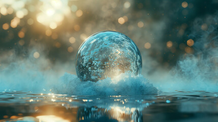 A hyper-detailed transparent crystal orb suspended in soft cool mist, reflecting abstract light patterns. This minimalist surreal composition symbolizes clarity of thought, fragile beauty, and the bal