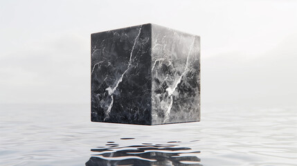 A glossy black marble cube suspended in a soft white space, with subtle reflections and a minimalist luxury aesthetic. Ideal as a high-end product mockup or conceptual visual for premium design, archi