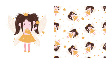Vector set for printing on children's products. Flat style illustration of a cute fairy with balck hair, holding a magic wand. Seamless pattern of a cute fairy with brown hair.