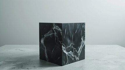 A glossy black marble cube suspended in a soft white space, with subtle reflections and a minimalist luxury aesthetic. Ideal as a high-end product mockup or conceptual visual for premium design, archi