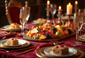 Fototapeta premium exquisite food platter presentation lavish table decor culinary delight feast arrangement, appetizer, dessert, dish, utensils, tablecloth, glassware