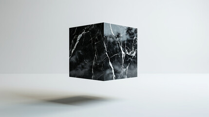 A glossy black marble cube suspended in a soft white space, with subtle reflections and a minimalist luxury aesthetic. Ideal as a high-end product mockup or conceptual visual for premium design, archi