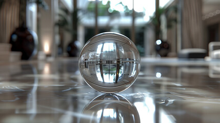 A floating transparent crystal sphere reflecting a luxurious interior space. Soft ambient lighting and futuristic elegance create a visual metaphor for clarity, perception, and refined minimalism. Ide