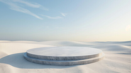 A minimalist conceptual scene featuring an empty circular stage in the middle of a vast white desert. Surrounded by soft, invisible waves in the sand, the composition symbolizes movement born from sil