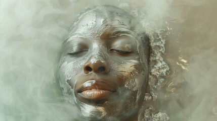 A surreal fine art portrait featuring a person with liquid silver skin and closed eyes, set against a soft misty background. The image conveys calm futuristic emotion, stillness, and elegance, with a 