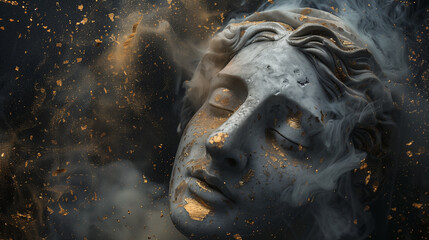 A broken classical sculpture head surrounded by floating dust particles and delicate gold flakes, lit with dramatic chiaroscuro lighting. This powerful composition conveys poetic decay, timeless beaut