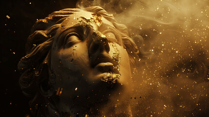 A broken classical sculpture head surrounded by floating dust particles and delicate gold flakes, lit with dramatic chiaroscuro lighting. This powerful composition conveys poetic decay, timeless beaut