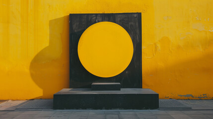 A bright yellow minimalist circle compressed between two dark blocks on a clean background. This bold abstract composition creates visual tension, symbolizing the idea of joy under pressure. Perfect f