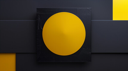A bright yellow minimalist circle compressed between two dark blocks on a clean background. This bold abstract composition creates visual tension, symbolizing the idea of joy under pressure. Perfect f