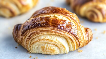 Fototapeta premium Macro shot of croissant with delicate flaky layers and golden crust