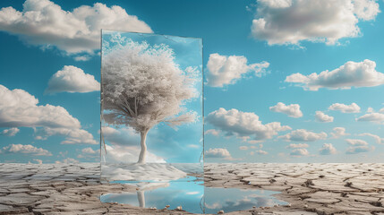 A surreal conceptual scene of a lonely thin white tree growing from a mirror placed on dry, cracked ground. The mirror reflects the sky above, creating a powerful symbol of duality, inner depth, and c