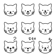 Nine expressive cat face stickers, vector line art, portrait	