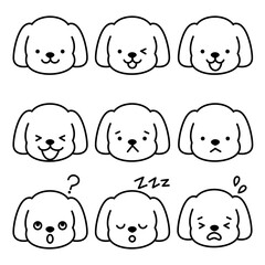 Nine expressive dog face stickers, vector line art, portrait	