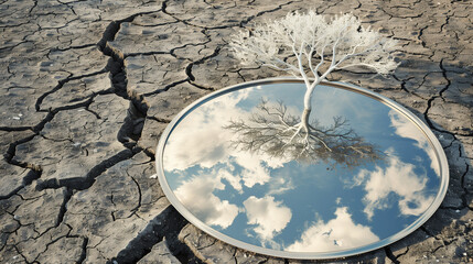A surreal conceptual scene of a lonely thin white tree growing from a mirror placed on dry, cracked ground. The mirror reflects the sky above, creating a powerful symbol of duality, inner depth, and c
