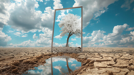 A surreal conceptual scene of a lonely thin white tree growing from a mirror placed on dry, cracked ground. The mirror reflects the sky above, creating a powerful symbol of duality, inner depth, and c