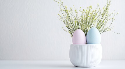 Fototapeta premium Two pastel-colored eggs in a white ceramic pot with delicate green foliage, minimalist spring decoration on a clean white background, and serene and elegant.