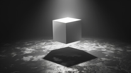 A minimalist abstract scene featuring a glowing white cube suspended above a dark velvet surface. Long soft shadows create a dramatic visual metaphor of pressure and purity. Ideal for conceptual art, 