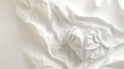 A delicate abstract origami heart crafted from white silk-like paper, softly crumpled and floating in a pale warm background. A minimalist visual representation of fragile emotion, sensitivity, and in