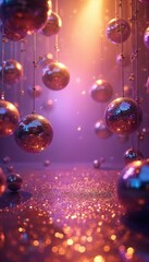 Obraz premium Disco balls background, purple and gold lighting. Glittering disco balls hanging. Party atmosphere. Glam, nightlife, celebration, club event. Retro style backdrop, 70s 80s 90s vibe for parties.