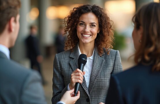 Smiling businesswoman gives media interview. Confident female in suit with microphone speaks. Public relations specialist communicates corporate news. Attractive woman in plaid jacket during
