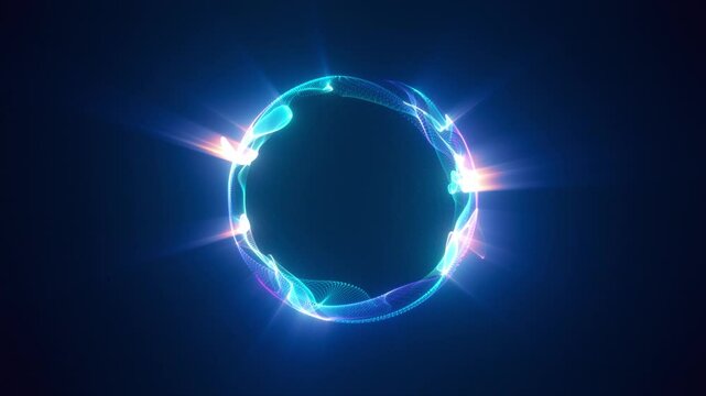 A glowing digital sphere with vibrant energy waves and particle textures. Bright neon colors in blue, pink, and purple on a dark background. Futuristic and abstract look with dynamic light rays.