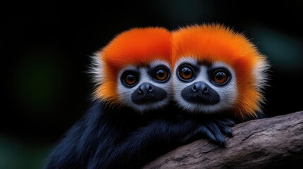 Obraz premium Two adorable, close-up primates with vibrant orange fur, facing forward, resting on a branch