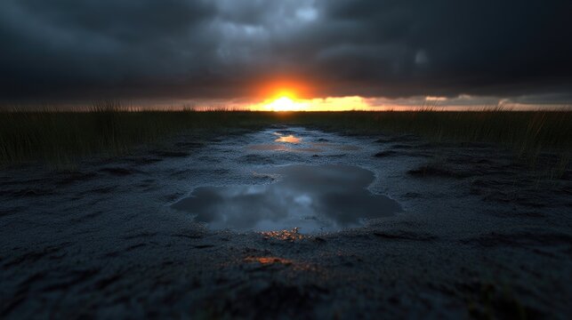Dramatic sunset over a muddy puddle
