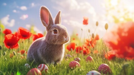 Fototapeta premium Rabbit Sitting in Meadow with Red Flowers and Decorated Eggs