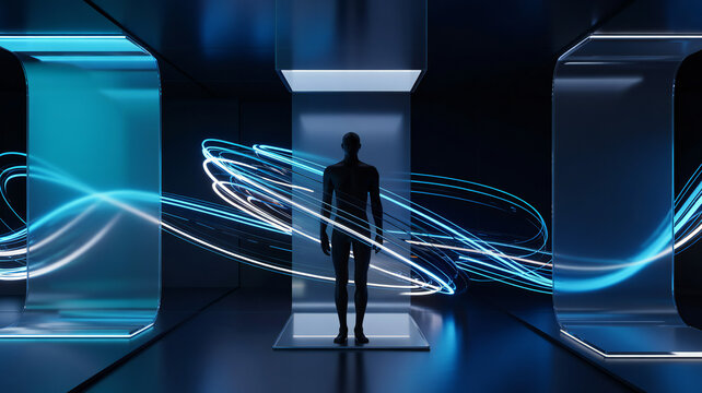 Silhouette of a Person Surrounded by Flowing Light Trails in a Dark, Futuristic Environment - Powered by Adobe