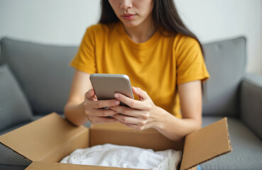 Asian woman uses phone, opens box, faces online shopping problems. Young female client takes photo of wrong product order, complaints. Frustration, stress, looking for support, retail return,