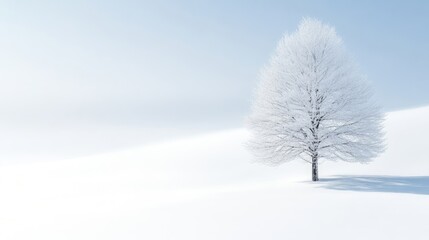 Fototapeta premium A snow-covered tree stands alone in a vast, white field. The image is simple, with a minimalist composition. High-resolution, with soft, natural lighting. The style is serene and peaceful. Cool, ca