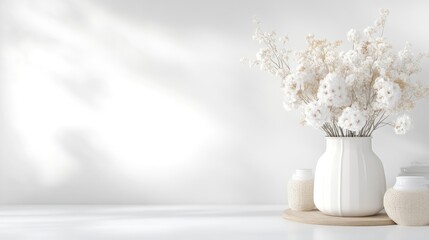 A white vase with delicate dried flowers on a minimalist shelf, soft sunlight casting gentle shadows, and serene and elegant interior design concept.