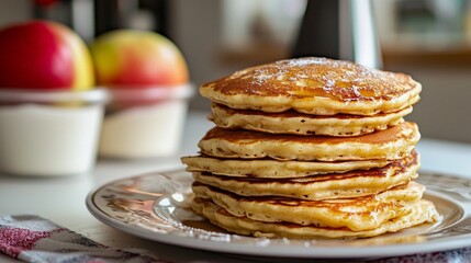 A stack of pancakes on a plate with a glass of milk and a couple of apples