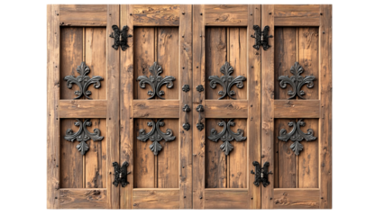 Png of An intricate wooden door with ornate metal fixtures, showcasing a rustic charm and elegant craftsmanship on transparent background.
