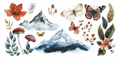 This vibrant collage showcases flowers, mountains, butterflies, and mushrooms in watercolor, perfect for creative projects and adding natures beauty to any design lovers collection