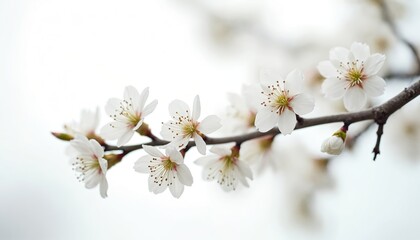 Obraz premium White cherry blossoms blooming tree branch in spring. Delicate, fragile flowers with white petals, pink center. Beauty of nature. Sakura. Branch full of blooms on bright background. Springtime
