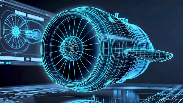 Digital blueprint of jet engine model with glowing interface and hologram view
