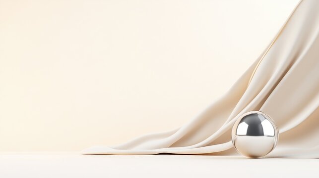 A shiny silver sphere rests on a creamy fabric. The fabric drapes elegantly, creating soft folds. The image is high-quality, with even lighting. Its minimalist and sleek, featuring a neutral color p