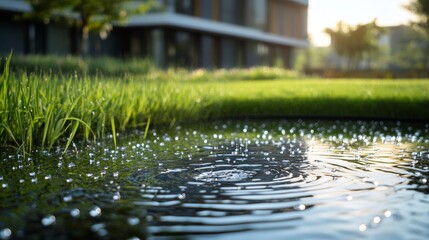 Fototapeta premium Close up of water droplets creating ripples on a pond surrounded by lush green grass in soft light