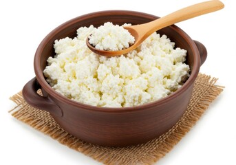 Cottage cheese in brown bowl with wooden spoon isolated on white background