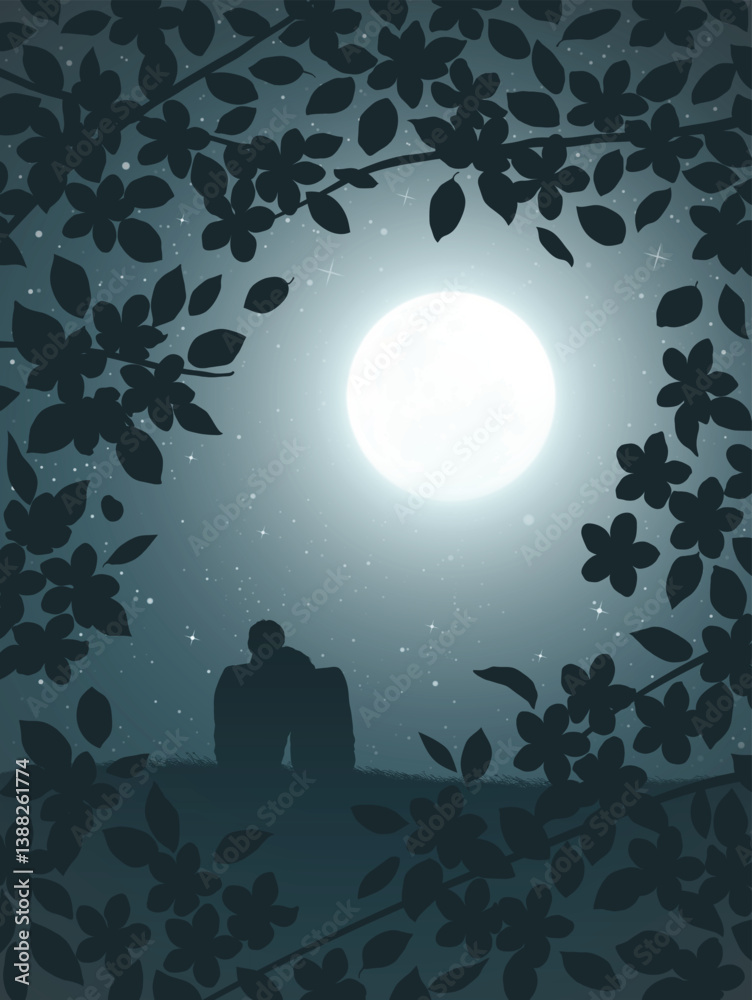 Sticker lovers sit on hill. full moon at night. frame of leaves and flowers