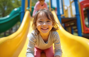 Happy child slides down colorful playground slide, sunny day. Joyful girl smiling on outdoor fun. Playful kid enjoys summer recreation, childhood happiness and active games.