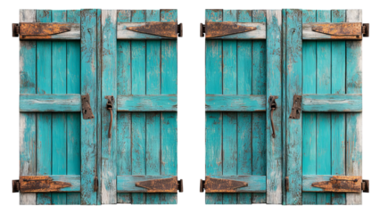 Png of Rustic teal wooden shutters with metal accents, showcasing vintage charm and weathered textures on transparent background.