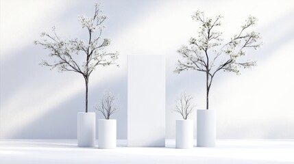 Obraz premium Two flowering trees in white cylindrical pots stand on a minimalist white surface, flanking a taller white rectangular block. Smaller, bare branches are in smaller pots. The image is digitally render