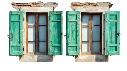 Png of A weathered pair of turquoise shutters on an aged stone wall, exuding rustic charm and character on transparent background.