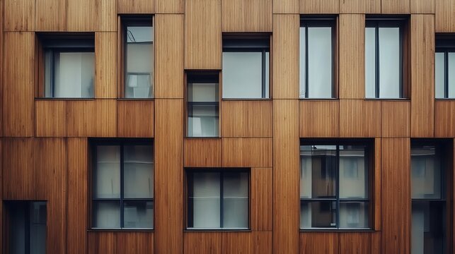 Modern architecture building facade with wood panels and windows exterior design and real estate concept