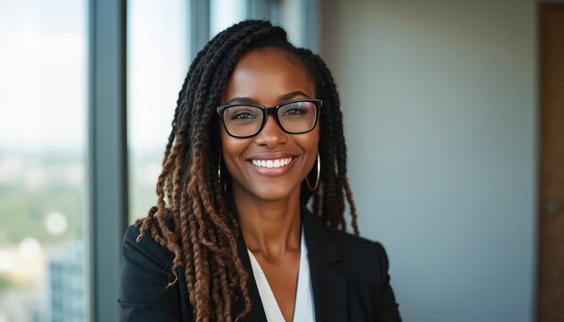 Portrait of successful african american businesswoman wearing glasses. Black female with dreadlocks smiling and looking at camera. Business, corporate woman in office, happy career person.